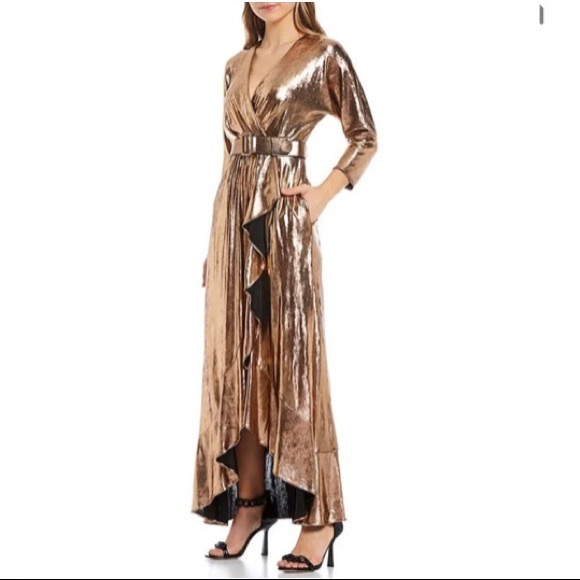 🚨SOLD🚨‼️‼️ Eliza J Surplice 3/4 Sleeve Metallic Foil Belted Wrap Front Gown - Picture 1 of 7